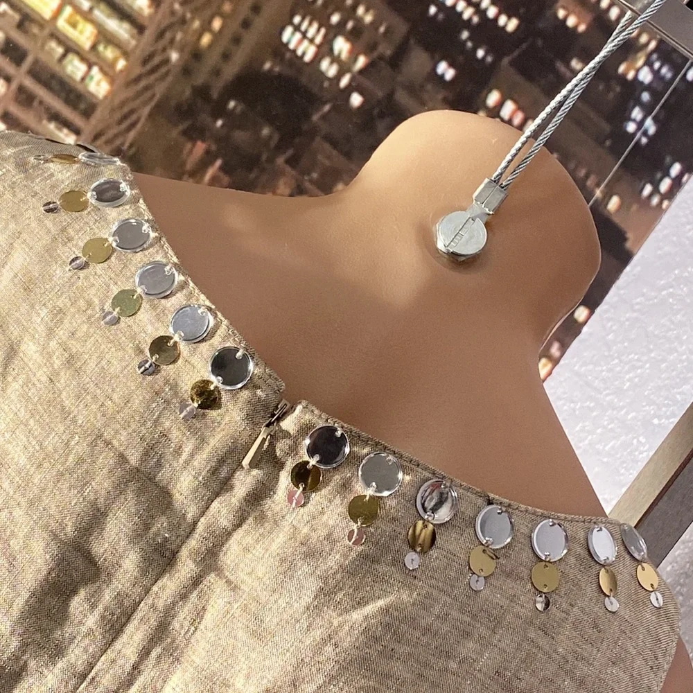 TORY BURCH - linen tank tunic w little mirror discs surrounding neck, zip - 8 - Picture 15 of 16